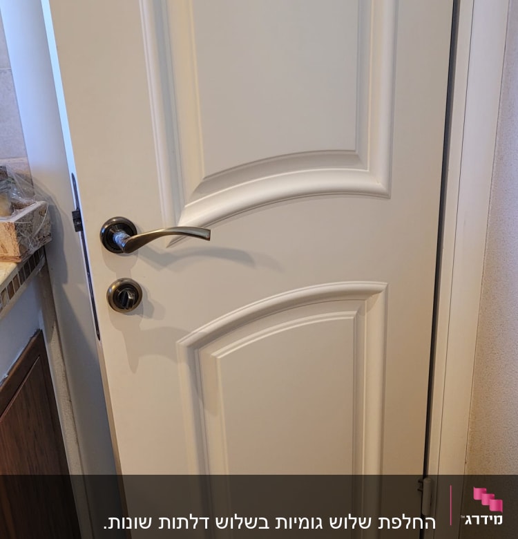 דלת לבנה עם ידית מתכת ובריח